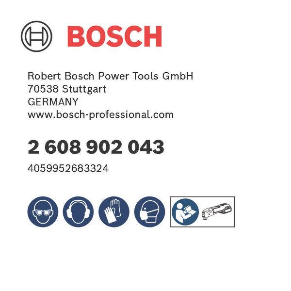 Bosch Elektrowerkzeuge Kontaktdaten: 'Robert Bosch Power Tools GmbH', Adresse in Stuttgart, Deutschland. Symbole für Schutzausrüstung. Produktnummer: '2 608 902 043'.