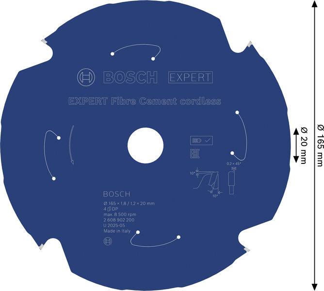 Ein blaurundes Sägeblatt mit der Aufschrift „Bosch Expert Faserbetonzementlos