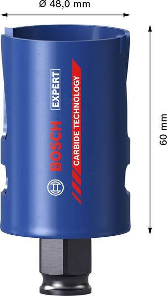 Eine blaue Bosch-Hartmetall-Lochsäge mit einem Durchmesser von '48,0 mm' und einer Tiefe von '60 mm', beschriftet mit 'BOSCH Expert Carbide Technology.'