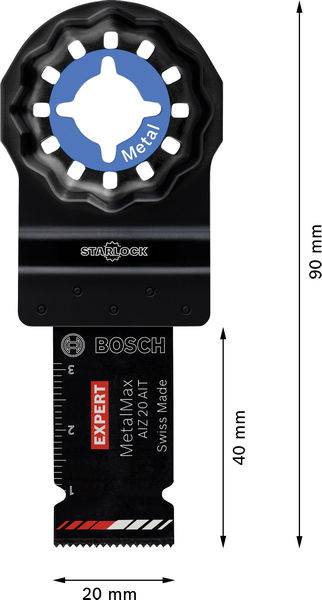 Oszillierende Multi-Tool-Klinge mit der Bezeichnung Expert Metal Max, 90x20 mm mit einer Schnitttiefe von 40 mm, mit Starlock-Aufnahme, Marke Bosch.