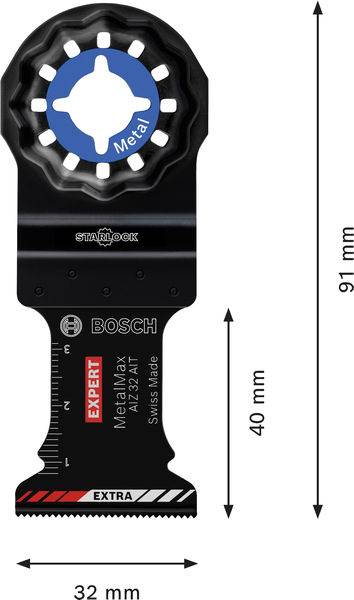 Sägeblatt mit Text: Bosch Expert, Expert Sperrholzplatte. Durchmesser 300 mm, Dicke 3,2 mm. Blaues Blatt mit gewellten Zähnen.