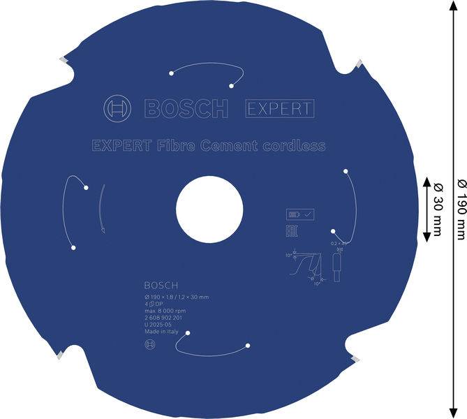 Bosch Expert Kreissägeblatt zum Schneiden von Faserzement, 190 mm Durchmesser, optimiert für kabellose Geräte, einschließlich Produktspezifikationen.