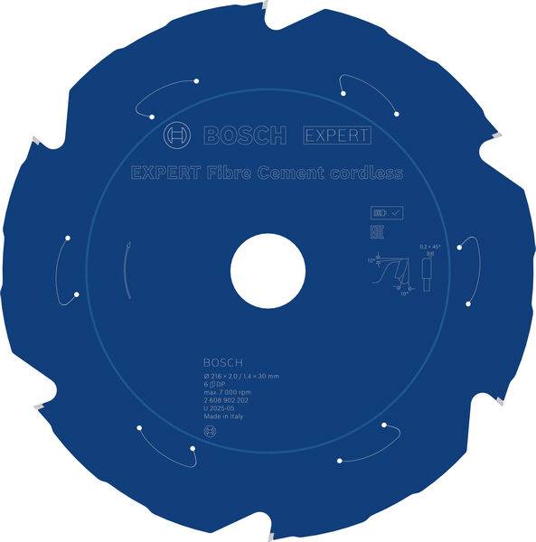 Ein blau gefärbtes kreisrundes Sägeblatt zum Schneiden von Faserzement, gekennzeichnet mit 'BOSCH EXPERT Faserzement Akku'.