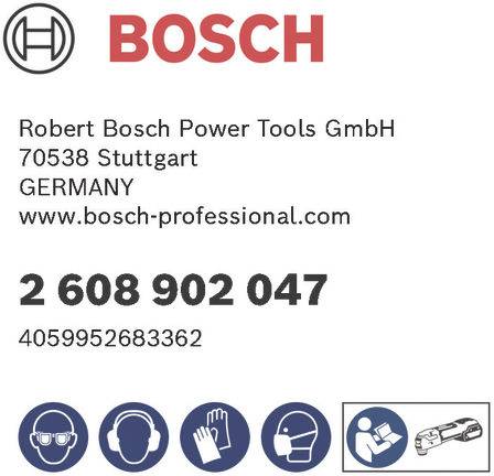Bosch Kontaktdaten mit Logo: Robert Bosch Elektrowerkzeuge GmbH, Stuttgart, Deutschland. Telefon: 2 608 902 047. Symbole zeigen Sicherheits- und Werkzeuggebrauchsanleitungen.