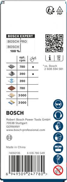 Verpackung für Bosch Expert-Werkzeuge mit Bosch-Branding, QR-Code und textlichen Produktspezifikationen, einschließlich verschiedener Drehzahlwerte und Materialien.