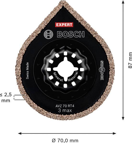Tränenförmiges Bosch-Sägeblatt mit körnigen Kanten. Text: 'EXPERT', 'AVZ 70 RT4', 'Mineralstoff, 3 max'. Durchmesser 70 mm, Höhe 87 mm.