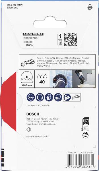 # Bosch Expert ACZ 85 RD4 Diamond Blatt-VerpackungZeigt Kompatibilität mit mehreren Marken, Symbole für Funktionen und Unternehmensdetails.