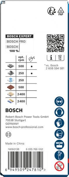 Bosch-Werkzeugzubehörverpackung mit QR-Code, Haltbarkeitstabelle und Produktdetails. Zeigt optimale Drehzahlen für verschiedene Materialien. Bosch-Logo und Kontaktinformationen enthalten.