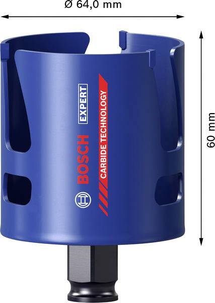 Lochsäge, 64 mm Durchmesser, 60 mm Tiefe, mit Bosch Expert Carbide Technology Branding in blau und rot Farben.