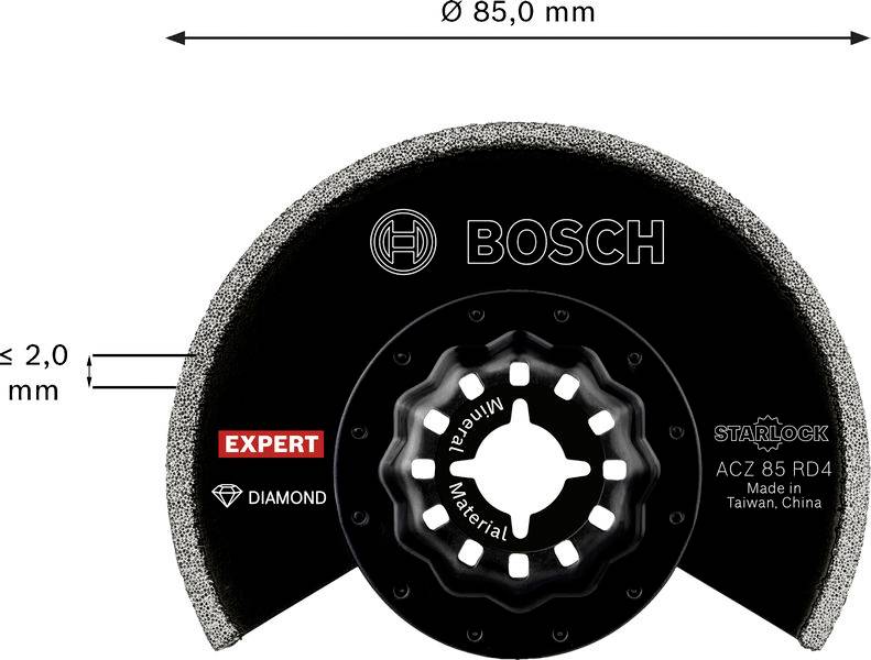 Bild einer Bosch-Kreissägeblatt mit Starlock-Logo, Größe Ø 85,0 mm. Die Beschriftungen umfassen „EXPERT