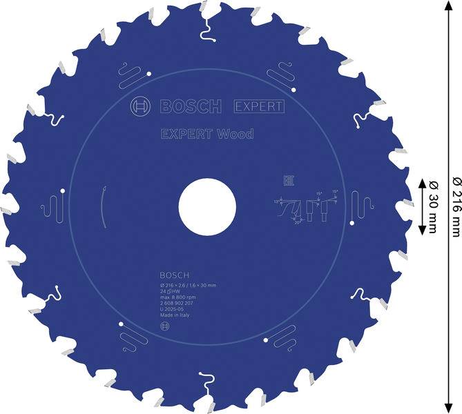 „Sägeblatt mit Aufschrift BOSCH EXPERT Wood, 216mm Durchmesser, 30mm Bohrung, 24 Zähne, zum Schneiden von Holz ausgelegt.
