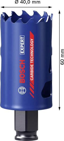 Eine blaue Bosch-Hartmetall-Technologie-Lochsäge mit den Abmessungen: 40 mm Durchmesser, 60 mm Tiefe.