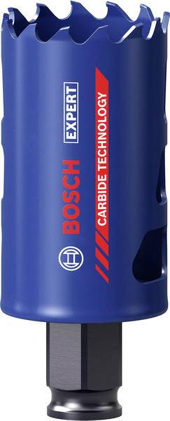Blauer Bosch Expert Lochsäge mit Hartmetall-Technologie-Branding, mit zylindrischem Aufbau und gezackter Schneidkante zum spezialisierten Bohren.