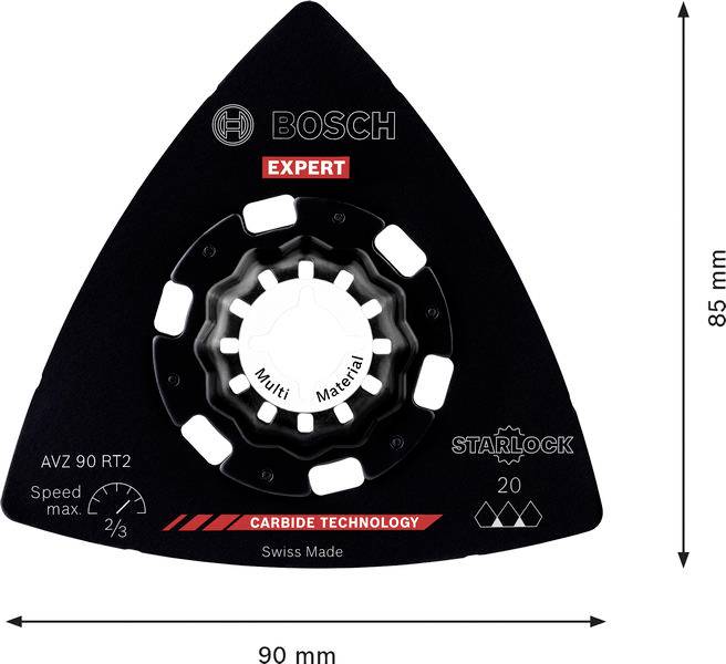 „Bosch Expert Starlock Sägeblatt für Multimaterialien, Hartmetalltechnologie, 90x85mm, AVZ 90 RT2, Schweizer Herstellung, mit Geschwindigkeitsmesser, das 2/3 anzeigt.