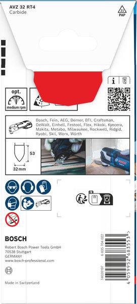 Bosch-Hartmetallblatt-Verpackung, AVZ 32 RT4. Zeigt Blattkanten, Verwendungssymbole, kompatible Marken und Kontaktinformationen. Hergestellt in der Schweiz.