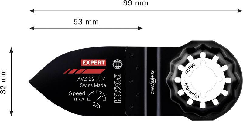 'Bosch AVZ 32 RT4' Oszillationswerkzeugklinge, 99 mm lang, 32 mm breit, mit 'Starlock'-Aufnahme und maximaler Geschwindigkeit von 2/3, ideal zum Schneiden von Materialien.