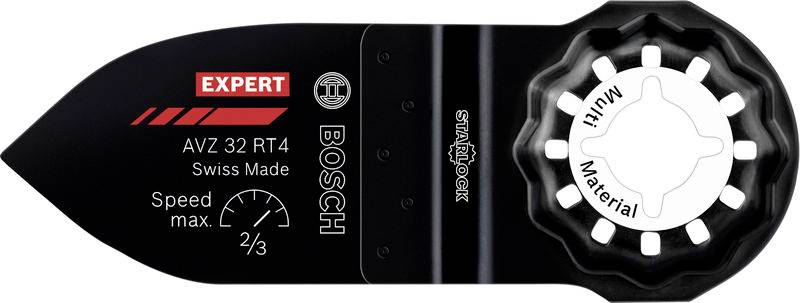 Ein Bosch Starlock oszillierendes Multi-Tool-Blatt, Modell AVZ 32 RT4, für den Multimaterial-Einsatz, mit einem auf 2/3 eingestellten Geschwindigkeitsbegrenzer.