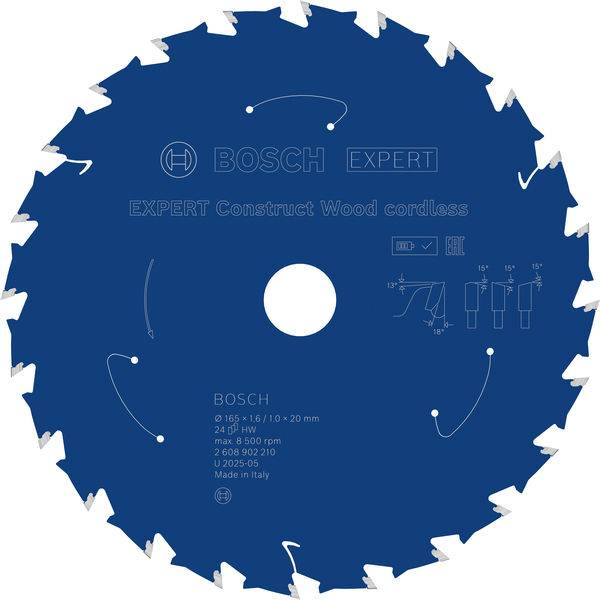 Ein Kreissägeblatt mit der Bezeichnung 'Bosch Expert', entwickelt für das Schneiden von Holz mit einem Akku-Gerät. Enthält Abmessungen und Verwendungsspezifikationen.