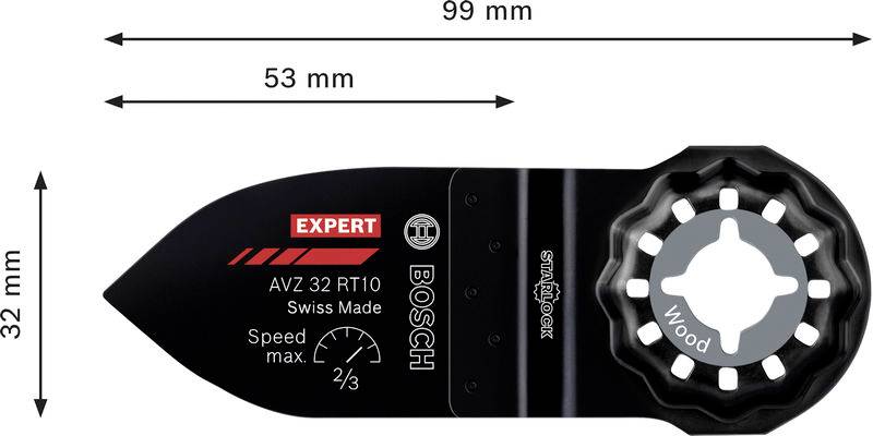 Bosch Starlock Expert AVZ 32 RT10 Sägeblatt für Holz, Schweizer Qualität. Abmessungen 32x99mm, maximale Geschwindigkeit 2/3.