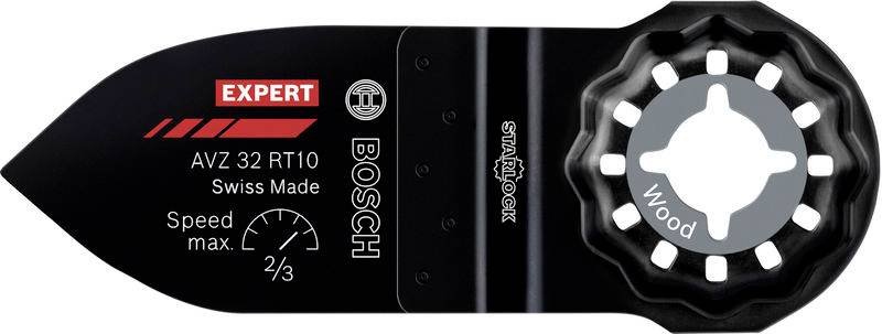 Eine schwarze Bosch Starlock Multitool-Klinge mit der Bezeichnung „EXPERT AVZ 32 RT10 Swiss Made