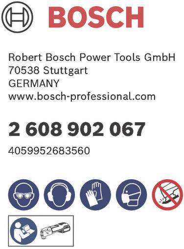 Kontaktinformationen Bosch Elektrowerkzeuge: Robert Bosch Power Tools GmbH, 70538 Stuttgart, Deutschland, www.bosch-professional.com, Telefon: 2 608 902 067. Sicherheitssymbole: Gehörschutz tragen, Augenschutz tragen, Maske tragen, keine Roboter.