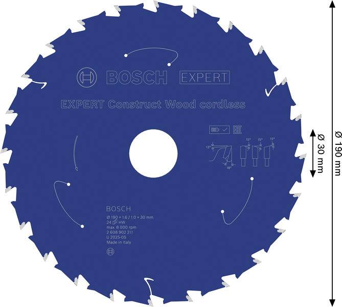 Blaues Kreissägeblatt mit der Bezeichnung BOSCH EXPERT Construct Wood Akku, 190 mm Durchmesser, 30 mm Bohrung, 24 Zähne, Drehzahl 6.700 U/min.