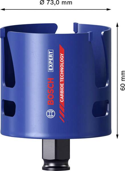Eine blaue Bosch Expert Hartmetall-Lochsäge mit einem Durchmesser von 73 mm und einer Höhe von 60 mm, konzipiert zum Bohren präziser Löcher in zähen Materialien.