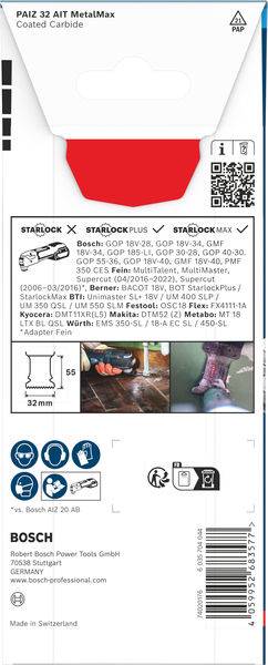 Ein Bosch PAIZ 32 AIT MetalMax Multi-Tool-Zubehörset, das ein Starlock-Befestigungssystem, Kompatibilität und Bilder der Verwendung zeigt.