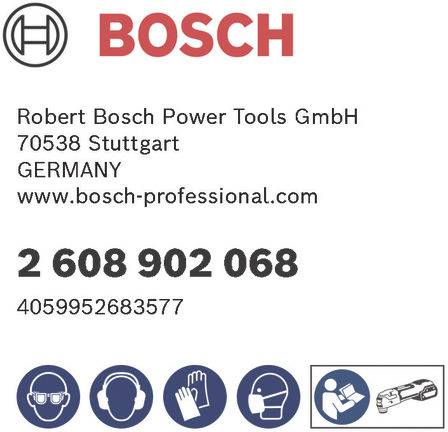 Bosch-Logo und Kontaktinformationen für Robert Bosch Power Tools GmbH, Stuttgart, Deutschland. Enthält eine Produktnummer und Sicherheitssymbole.