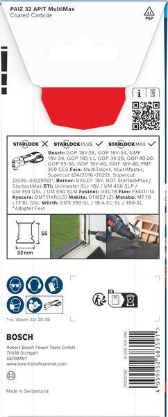 „Bosch PAIZ 32 APIT MultiMax beschichtetes Hartmetall, Schnittbild, Kompatibilität mit Starlock-Werkzeugen. Hergestellt in der Schweiz. Größe: 32mm.