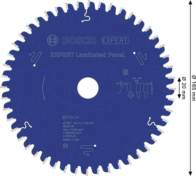 Bosch Expert Kreissägeblatt mit 48 Zähnen, 216 mm Durchmesser und 30 mm Bohrung. Für Sperrholzplatten geeignet, hergestellt in Italien.