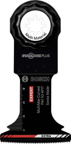 Bosch StarlockPlus Multitools-Klinge, konzipiert für Kurvenschnitte in mehreren Materialien, mit Messskala und Starlock-Befestigung.