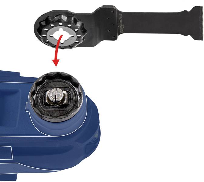 „Blattanbringung über einer Werkzeugbasis dargestellt mit einem Pfeil, der die Verbindungsstelle zum Befestigen des Blatts anzeigt.