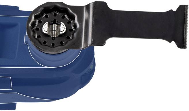 Ein blau elektrisches Multifunktionswerkzeug mit schwarzem Aufsatz wird von oben gezeigt.