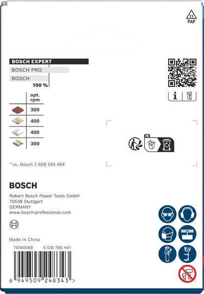 Das Bild zeigt die Verpackung von Bosch Expert. Es enthält einen QR-Code, Diagramme zur Bladanwendung mit optimalen Drehzahlen und Sicherheitssymbole.