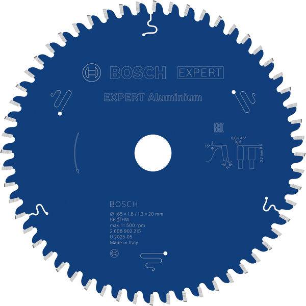 Ein Kreissägeblatt ist mit „Bosch Expert Aluminium 165 x 1,8 x 20 mm
