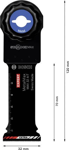 Bosch StarlockMax Expert MetalMax Sägeblatt, 32 mm breit, 120 mm lang. Geeignet zum Schneiden von Metall, mit Messskala gekennzeichnet.