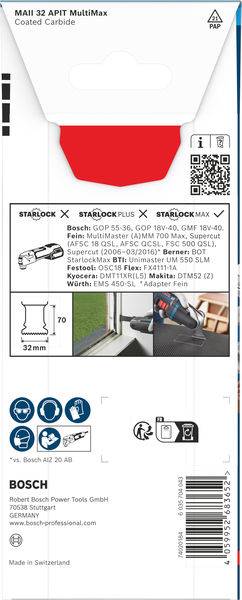 Bosch MAII 32 APT MultiMax beschichtete Hartmetallklinge Verpackung. Kompatibel mit Starlock, Starlock Plus und Starlock Max Werkzeugen. Abmessungen: 70x32 mm.