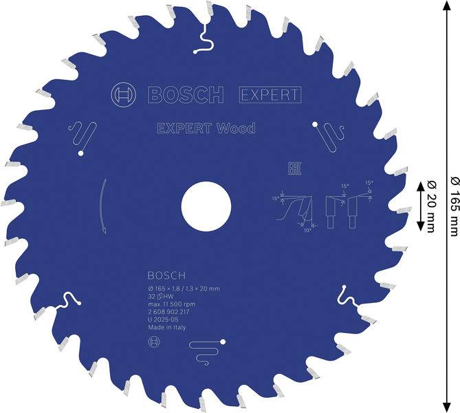 Blaues kreisförmiges Sägeblatt mit der Bezeichnung „BOSCH EXPERT Holz