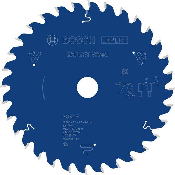 Blue Bosch Expert Kreissägeblatt mit Kennzeichnung für Holzschnitte, 165mm Durchmesser, 20mm Bohrung, geeignet für Präzisionsschnitte und professionelle Anwendung.