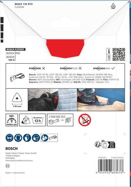 Verpackung für ein Bosch-Hartmetall-Werkzeugblatt mit Kompatibilitätsdetails, einem Bild des Blattes beim Schneiden von Fliesen und Dauerhaftigkeitssymbolen.
