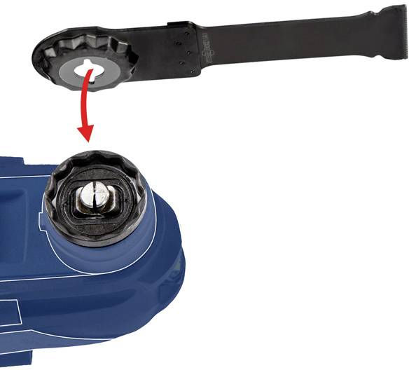 Werkzeug zur Veranschaulichung der Installation oder des Austauschs einer Schleifscheibe. Der Pfeil zeigt das Einführen eines Schlüssels in einen Verriegelungsmechanismus am Schleifer.