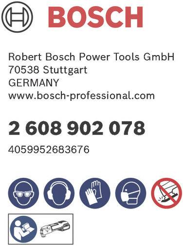 Bosch Elektrowerkzeuge Kontaktkarte. Enthält Kontaktinformationen, Teilenummer 2 608 902 078 und Sicherheitssymbole für Schutzbrille, Maske und Handschuhe.