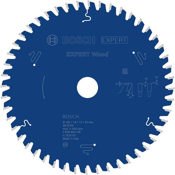 Ein Kreissägeblatt mit der Bezeichnung 'BOSCH EXPERT Wood', entworfen zum Schneiden von Holz. Die Ausstattungsmerkmale umfassen 48 Zähne und einen Durchmesser von 150 mm.