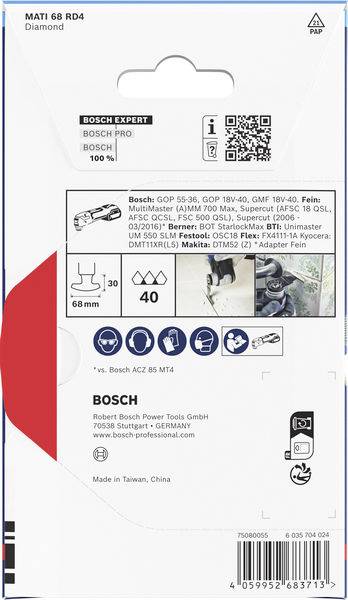 # Verpackung für Bosch Expert MATI 68 RD4 DiamantKompatible Werkzeuge mit Abmessungen, Herstellerangaben und Kontaktinformationen aufgelistet.