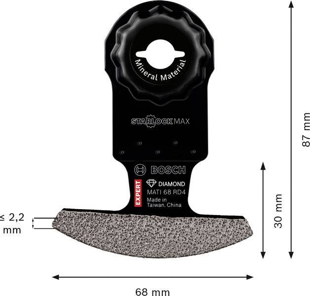 Das Bild zeigt ein Bosch Starlock Max MATI 68 RD4 Diamanttrennblatt für Mineralstoffe mit einer Höhe von 87 mm und einer Breite von 68 mm.