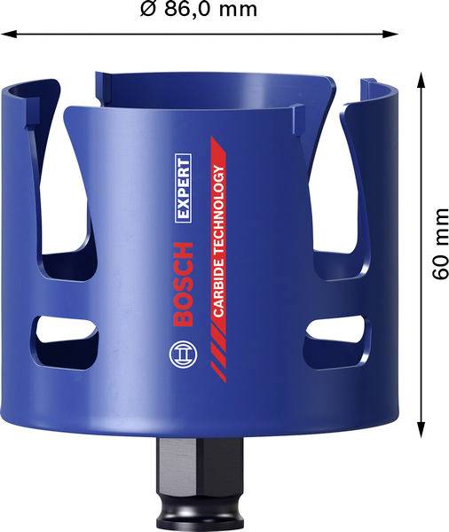 Eine blaue Bosch Expert Lochsäge mit einem Durchmesser von 86 mm und einer Länge von 60 mm, ausgestattet mit Hartmetalltechnologie für effizientes Schneiden.