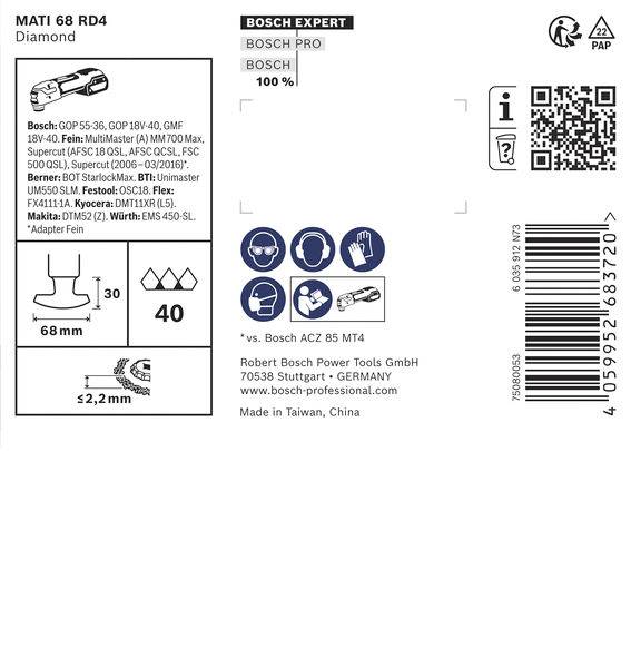 Bosch Expert-Verpackung für MATI 68 RD4 Diamantblatt, enthält Größenabmessungen, Handhabungsanweisungen, Barcode und Unternehmensdetails.