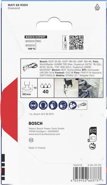 Verpackung für Bosch Expert MATI 68 RSD4 Diamanttrennscheibe mit Spezifikationen: 68 mm Durchmesser, 100% Bosch-Qualität und kompatible Werkzeuge. Hergestellt in Polen.