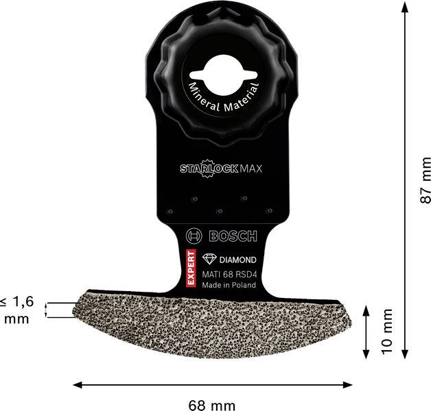 'Bosch Starlock Max Klinge', spezialisiert für Mineralmaterial, 68 mm Breite, 10 mm Höhe, 87 mm Länge, Diamantschliff; hergestellt in Polen.